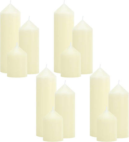 12-Pack Ivory Unscented Pillar Candle Set - 2x3, 2x6, 2x8-inch Long-Burning Drip-Free Tapers, 4 Per Size. Ideal for Home Decor, Weddings, Emergencies, and Holidays.
