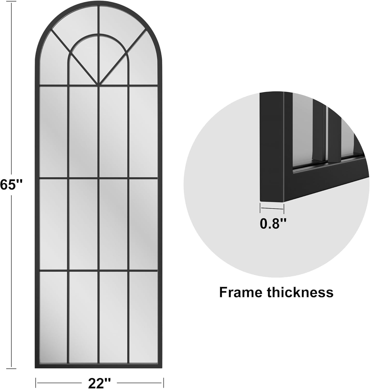 Dewfig 65"x 22" Arched Window pane Full Length Mirror, Wall Mirror, Floor Standing Mirrors, Farmhouse Long Full Body Mirrors Wall Mounted for Living Room, Bedroom, Entryway, Fireplace, Black