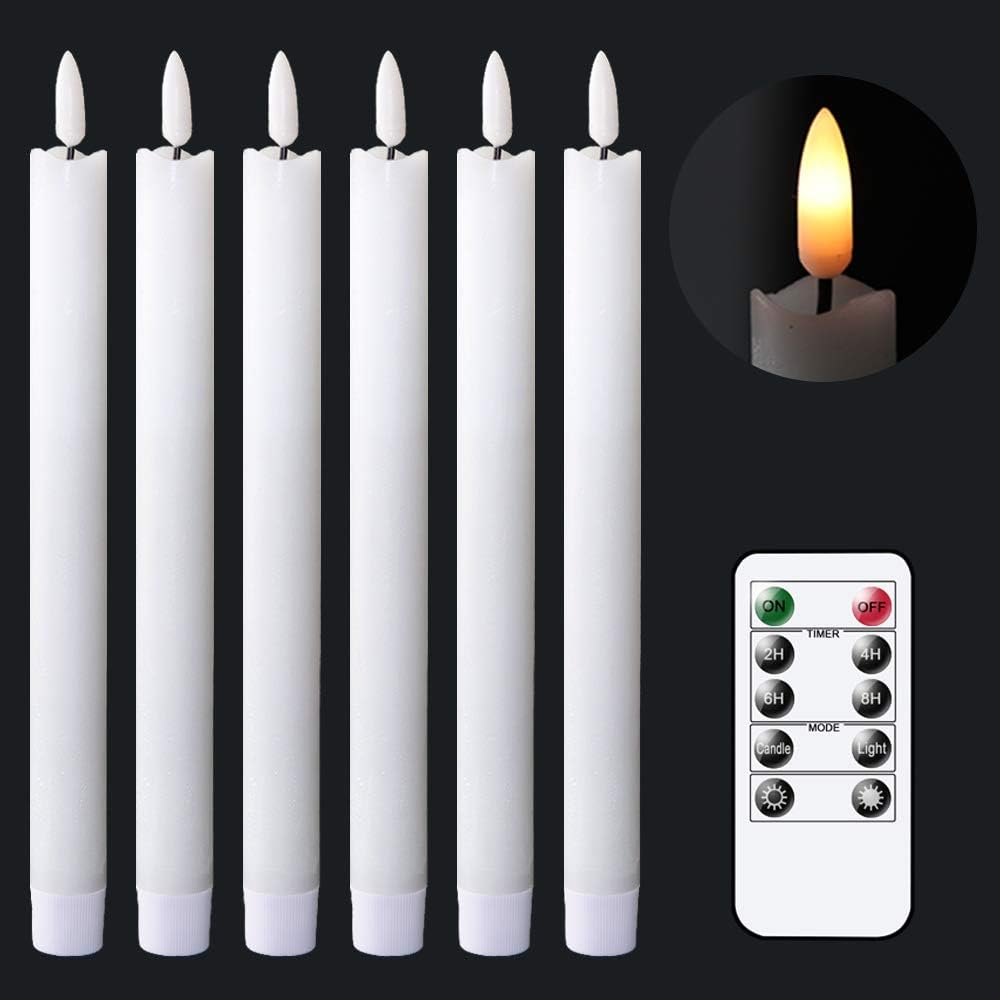 GenSwin Flameless Ivory Taper Candles Flickering with 10-Key Remote, Battery Operated Led Warm 3D Wick Light Window Candles Real Wax Pack of 6, Christmas Home Wedding Decor(0.78 X 9.64 Inch)