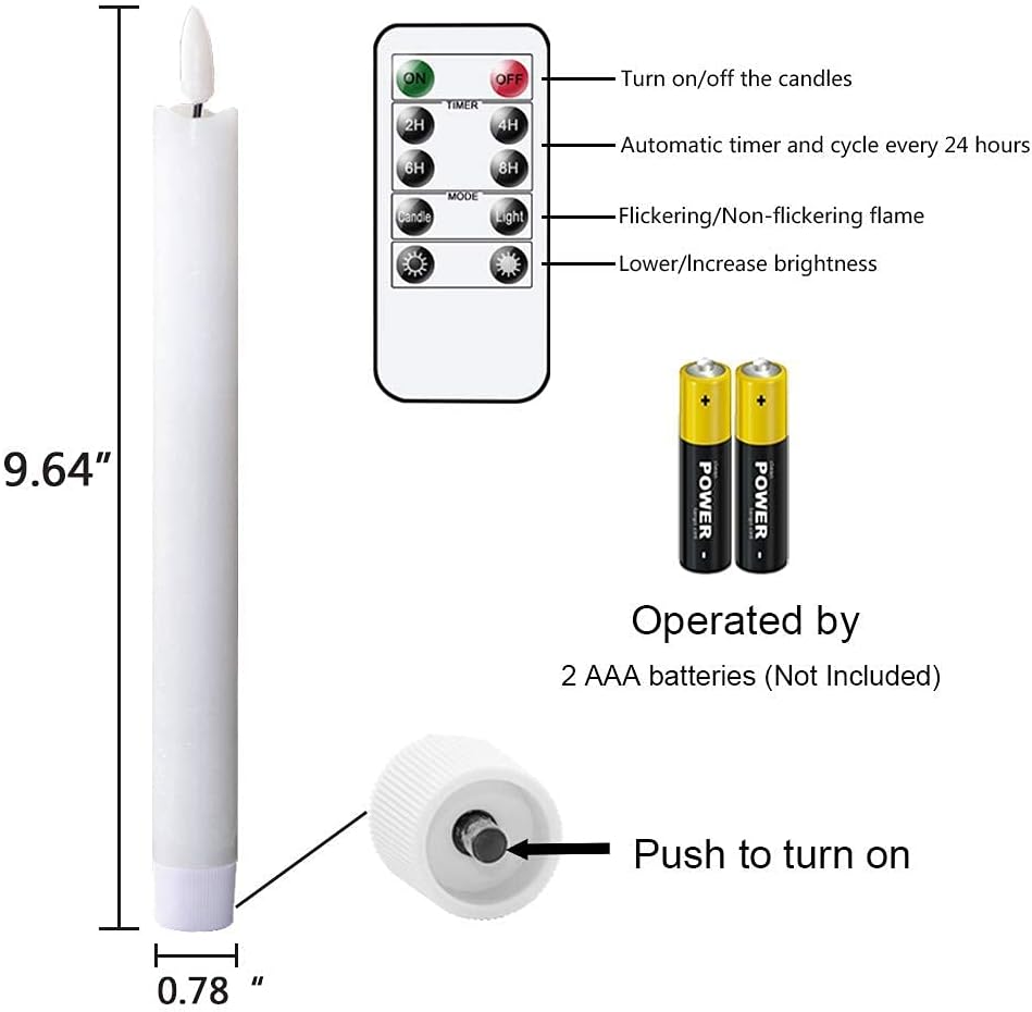 GenSwin Flameless Ivory Taper Candles Flickering with 10-Key Remote, Battery Operated Led Warm 3D Wick Light Window Candles Real Wax Pack of 6, Christmas Home Wedding Decor(0.78 X 9.64 Inch)