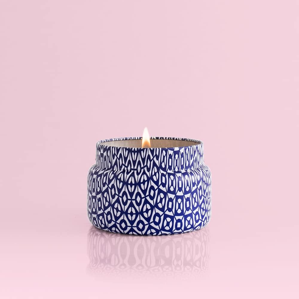Capri Blue Volcano Printed Travel Tin Jar Candle - Luxury Candle with a Long Lasting Soy Wax Blend - Scented with Tropical & Fruity Fragrance (White Color, 8.5 oz)