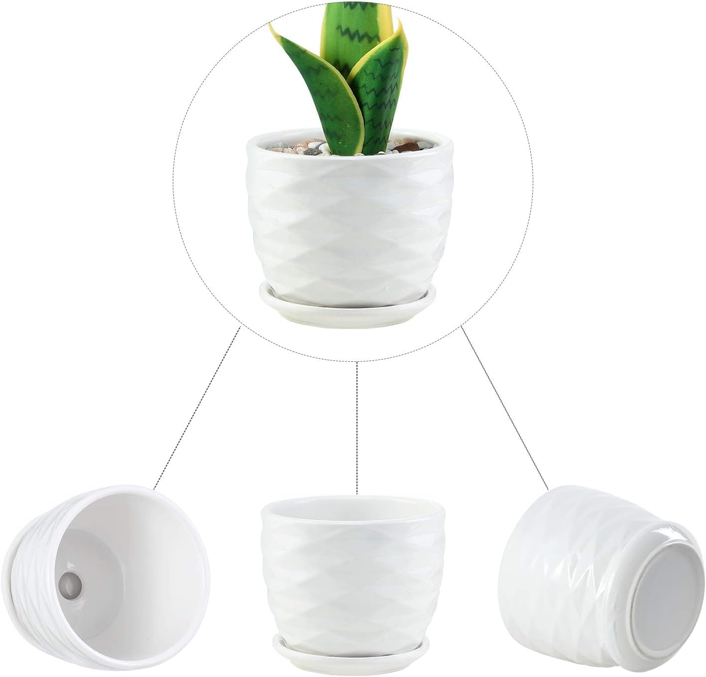 sietpoek Plant Pots - 5.5 Inch Cylinder Ceramic Planters with Connected Saucer, Pots for Succuelnt and Little Snake Plants, Set of 4, White