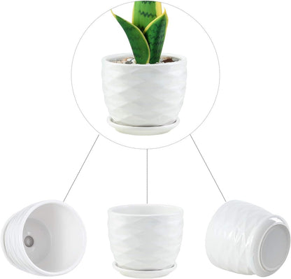 sietpoek Plant Pots - 5.5 Inch Cylinder Ceramic Planters with Connected Saucer, Pots for Succuelnt and Little Snake Plants, Set of 4, White