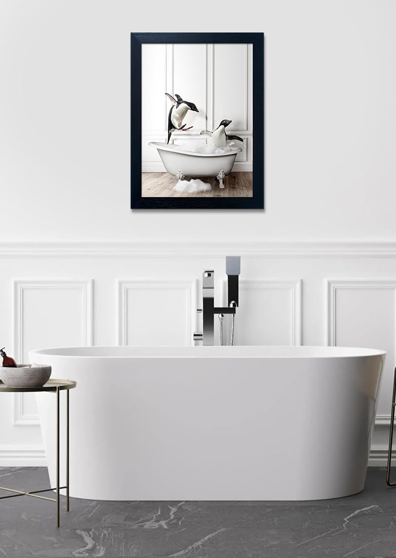 Bathroom Picture Wall Decor, Framed Black and White Bathroom Wall Art, Toilet Paper in Little Funny Raccoon's Hand Animal Canvas Print Painting