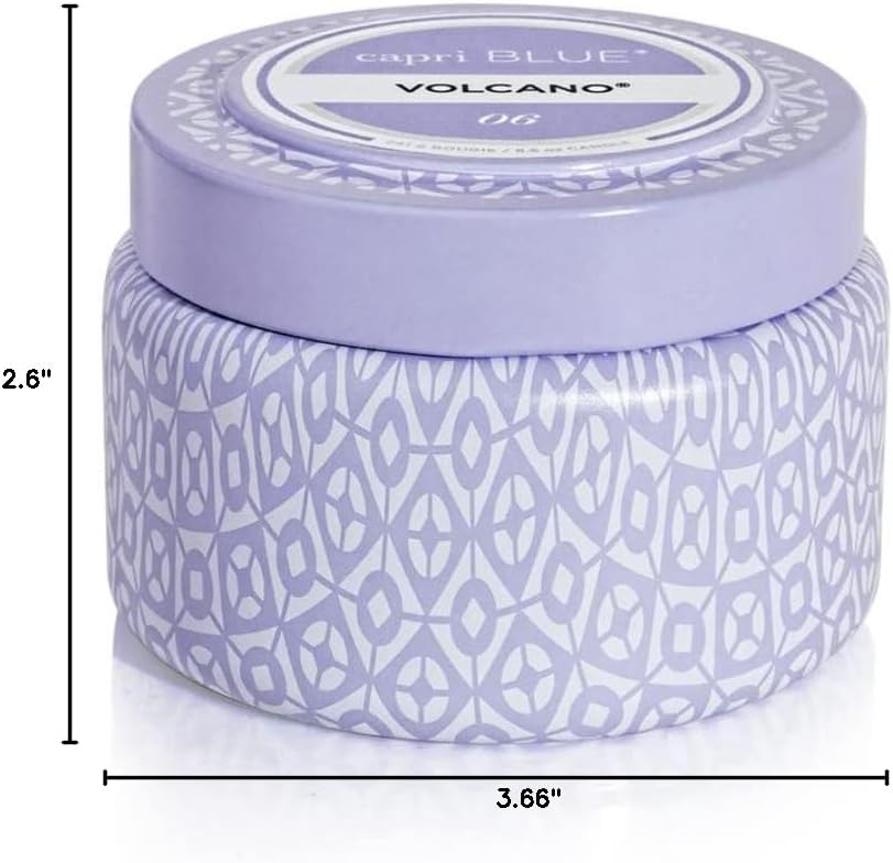 Capri Blue Volcano Printed Travel Tin Jar Candle - Luxury Candle with a Long Lasting Soy Wax Blend - Scented with Tropical & Fruity Fragrance (White Color, 8.5 oz)