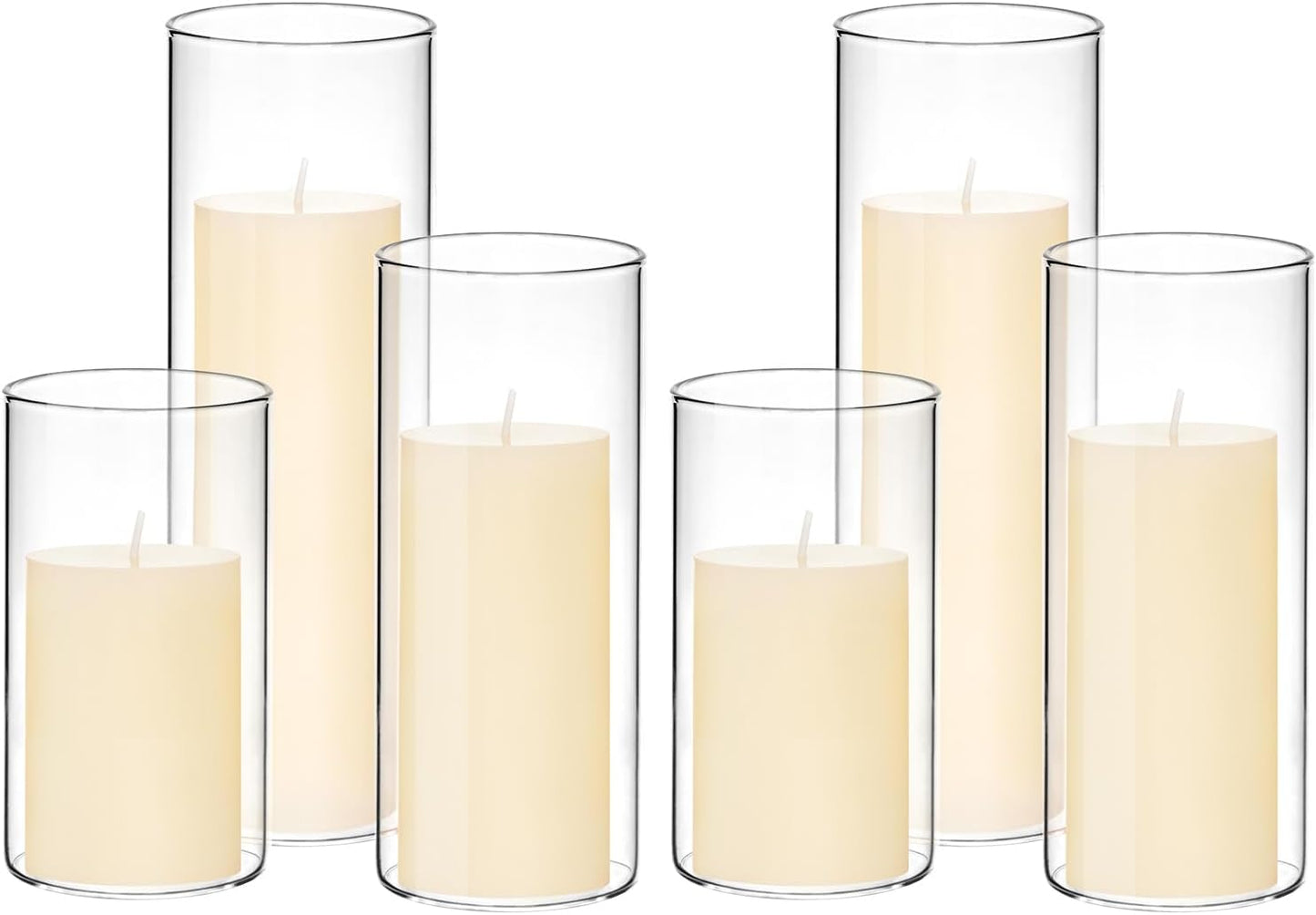 Set of 6 White Pillar Candles with Clear Glass Hurricane Holders- Elegant Cylinder Candle Vases for Weddings, Parties, Centerpieces, Home & Office Decor (White, 6 Set)
