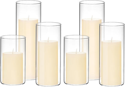 Set of 6 White Pillar Candles with Clear Glass Hurricane Holders- Elegant Cylinder Candle Vases for Weddings, Parties, Centerpieces, Home & Office Decor (White, 6 Set)
