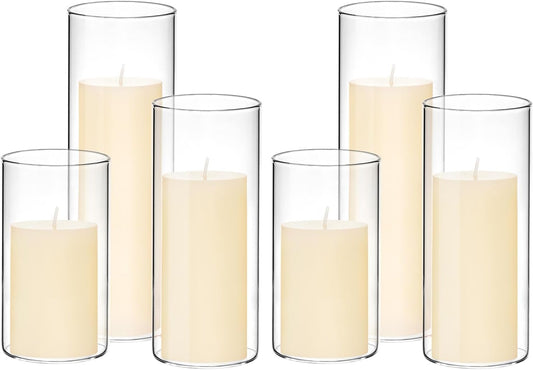 Set of 6 White Pillar Candles with Clear Glass Hurricane Holders- Elegant Cylinder Candle Vases for Weddings, Parties, Centerpieces, Home & Office Decor (White, 6 Set)