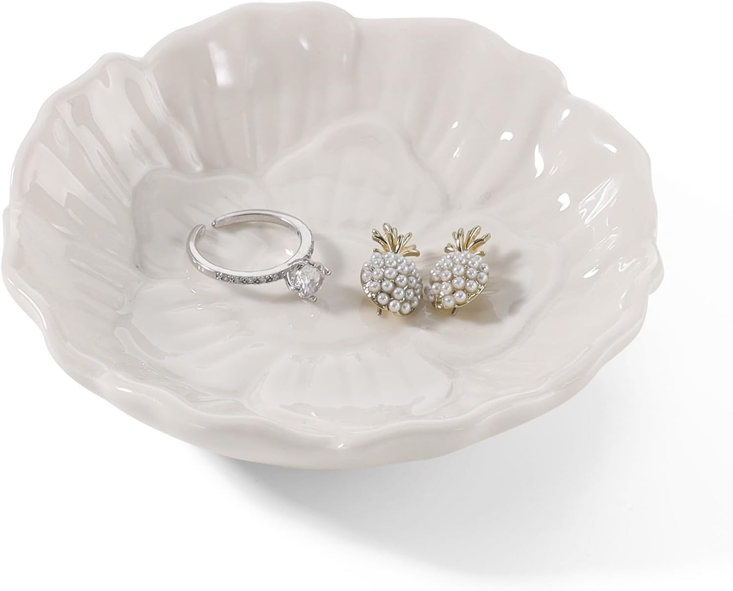 Pink Flower Ring Dish Holder,Jewelry Dish Tray,Small Trinket Tray,Jewelry Plate Bowl,Key Bowl,Decorative Plate,Mothers Day Birthday Gifts for Women Friends,Ceramic Kiln effect White