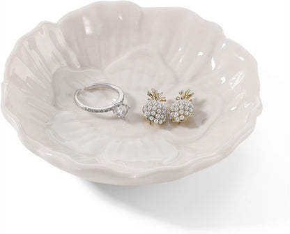 Pink Flower Ring Dish Holder,Jewelry Dish Tray,Small Trinket Tray,Jewelry Plate Bowl,Key Bowl,Decorative Plate,Mothers Day Birthday Gifts for Women Friends,Ceramic Kiln effect White