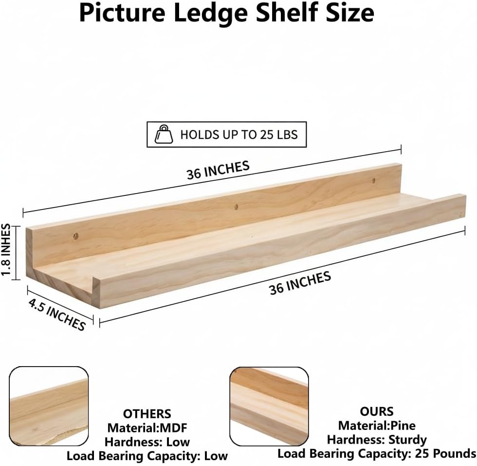 AZSKY Floating Shelves Wall Mounted Set of 2 Natural Wood Picture Shelves Wall Shelves for Bedroom Bathroom Living Room Kitchen Laundry Room Storage & Decoration 24 Inch