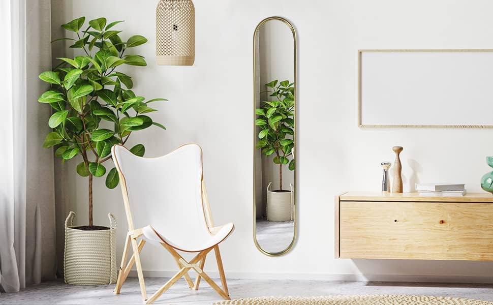 OUSHUAI Gold Tall Mirror,Narrow Capsule Long Mirrors with Metal Frame for Entryway,Hallway,Living Room 44"X8" (3pcs)