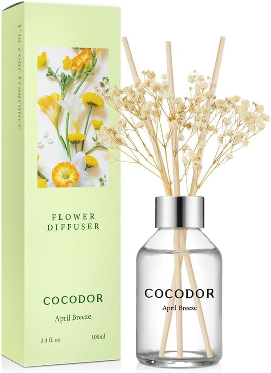 COCODOR Flower Reed Diffuser Set / 3.4oz / White Jasmine/Scent Diffuser with Sticks Home Fragrance Reed Diffuser for Bathroom Shelf Decor