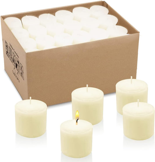 White Votive Candles Long Burn Time Unscented Candles Votives Bulk Pack of 24 Small Pillar Candles