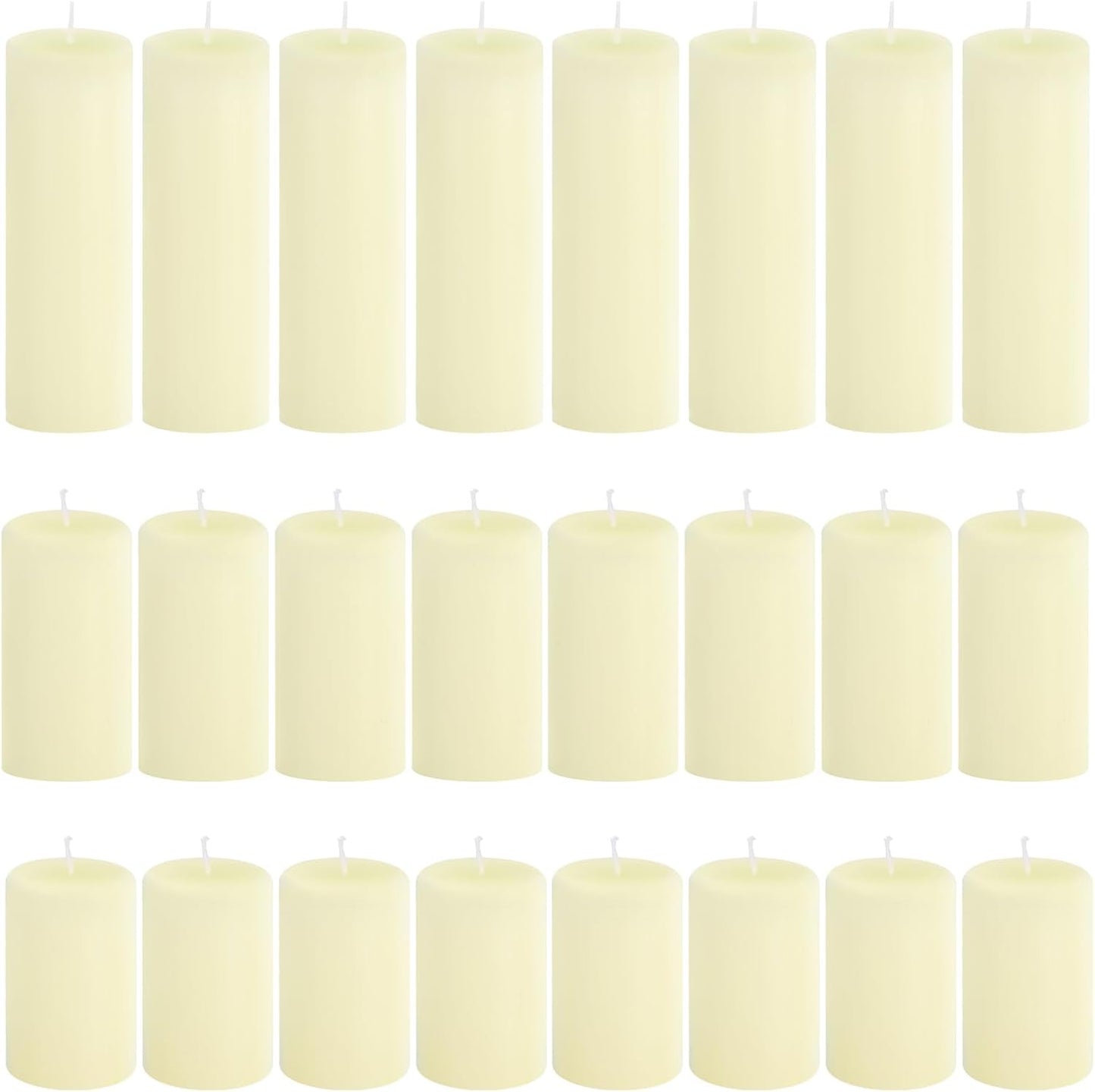 12-Pack Ivory Unscented Pillar Candle Set - 2x3, 2x6, 2x8-inch Long-Burning Drip-Free Tapers, 4 Per Size. Ideal for Home Decor, Weddings, Emergencies, and Holidays.