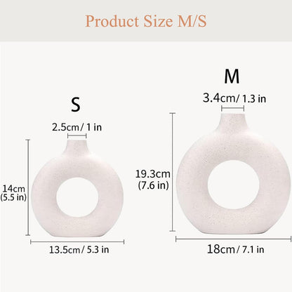 White Ceramic Donut Vase Set of 2, Hollow Matte Pampas Flower Vases for Boho Home Wedding Party Room Dinner Table Shelf Decor.（White）