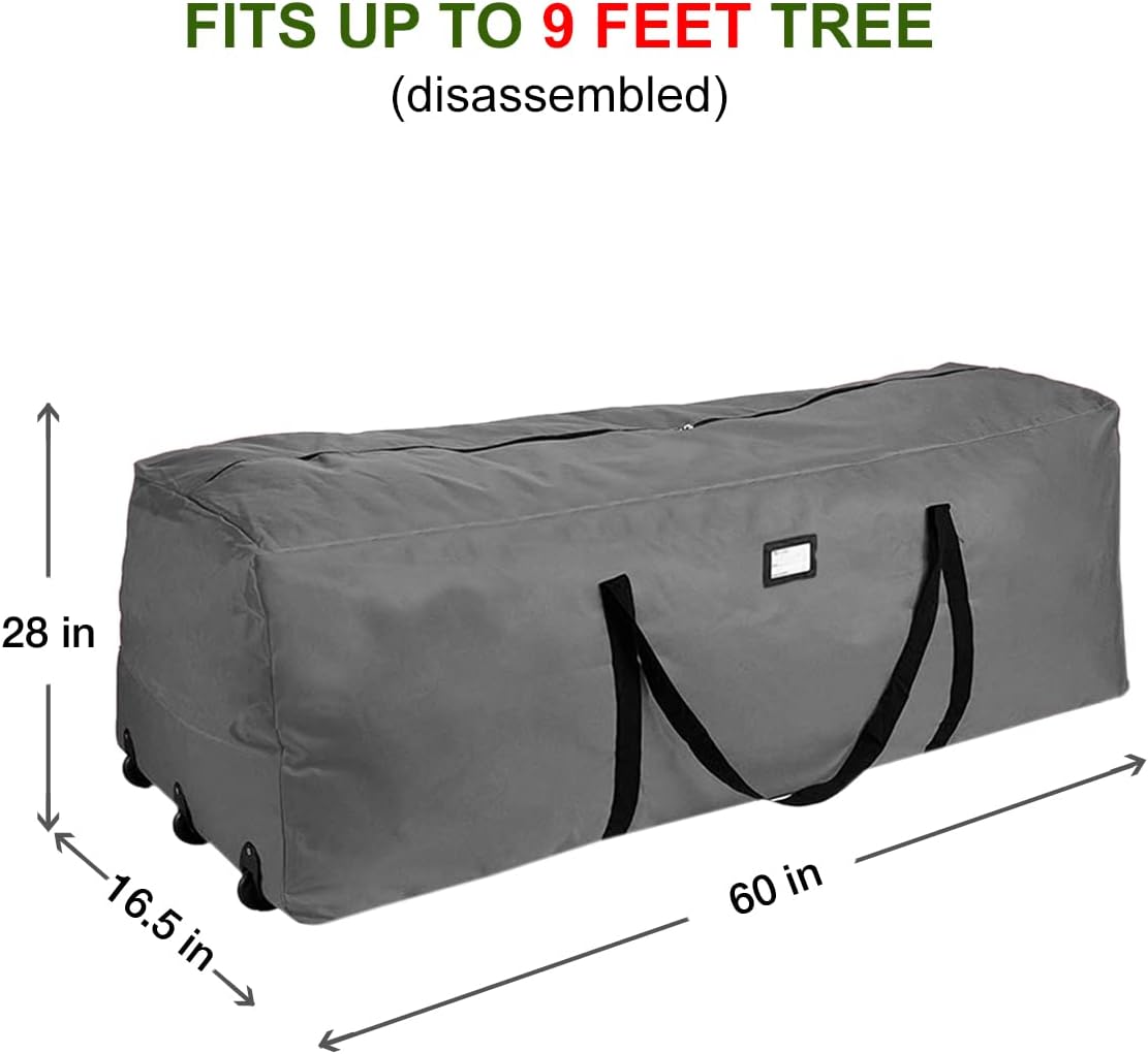 ProPik Rolling Christmas Tree Storage Bag, Fits Up to 9 Ft Tall Disassembled Trees, 28" H X 16.5" W X 60" L, Extra Large Heavy Duty Xmas Storage Container with Wheels & Handles, 600D Oxford (Green)