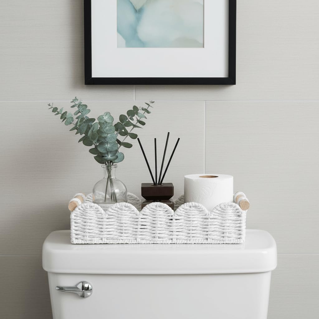 CubesLand Paper Rope Scalloped Edge Toilet Paper Storage Basket, Small Living Room, Bedroom Decor Baskets for Over Toilet Storage Shelf, End Table, Shelves and More, with 2 Wooden Handle, Neutral