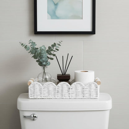 CubesLand Paper Rope Scalloped Edge Toilet Paper Storage Basket, Small Living Room, Bedroom Decor Baskets for Over Toilet Storage Shelf, End Table, Shelves and More, with 2 Wooden Handle, Neutral