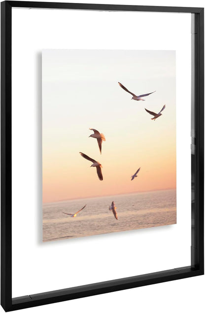 Frametory, Floating Picture Frame 12x16 - Black Aluminum Metal Photo Frame - Real Glass of Front - for Wall Mount Display