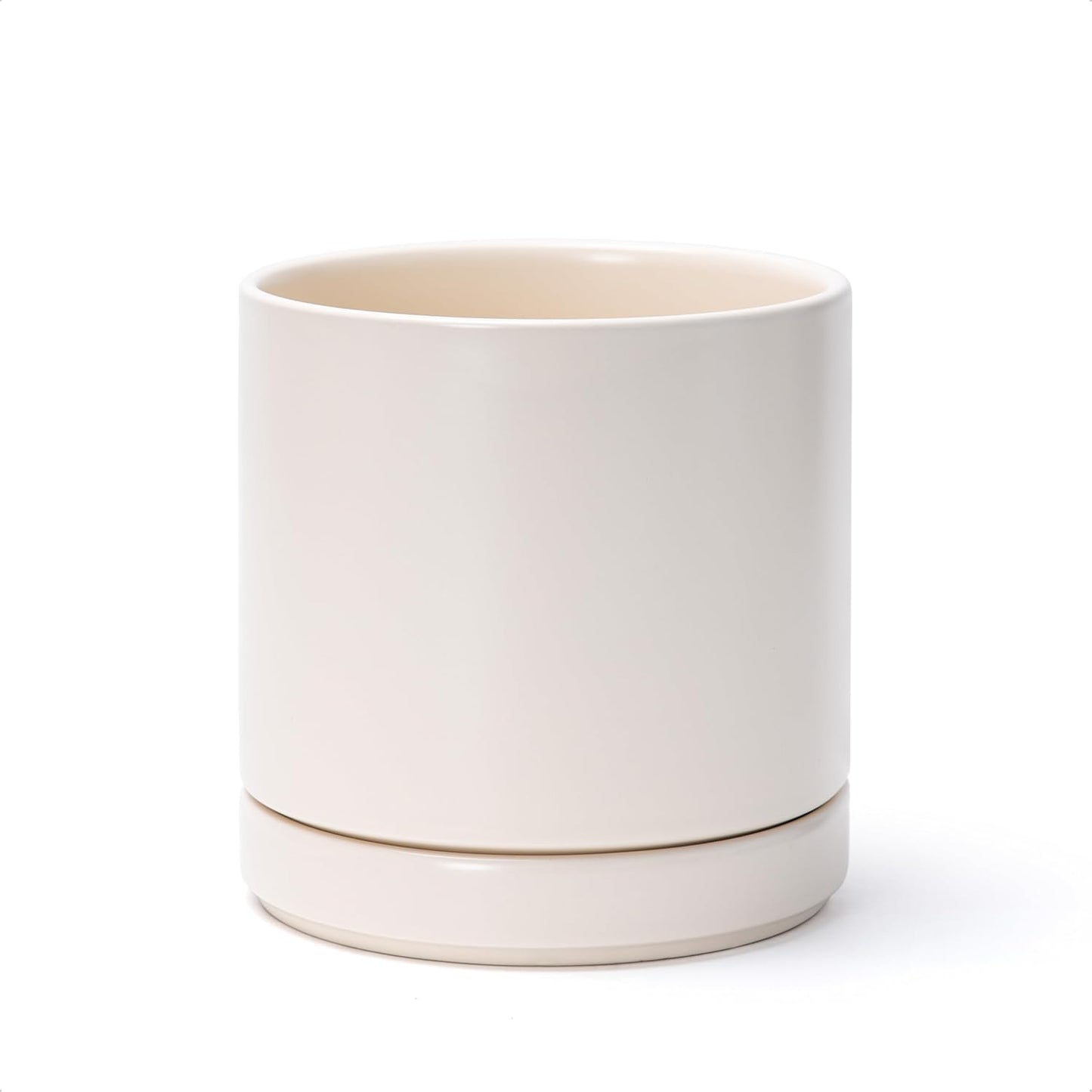 D'vine Dev 6.5 Inch Ceramic Planter Pot with Drainage Hole and Saucer, Indoor Cylinder Round Planter Pot, Olive, 94-O-C-J