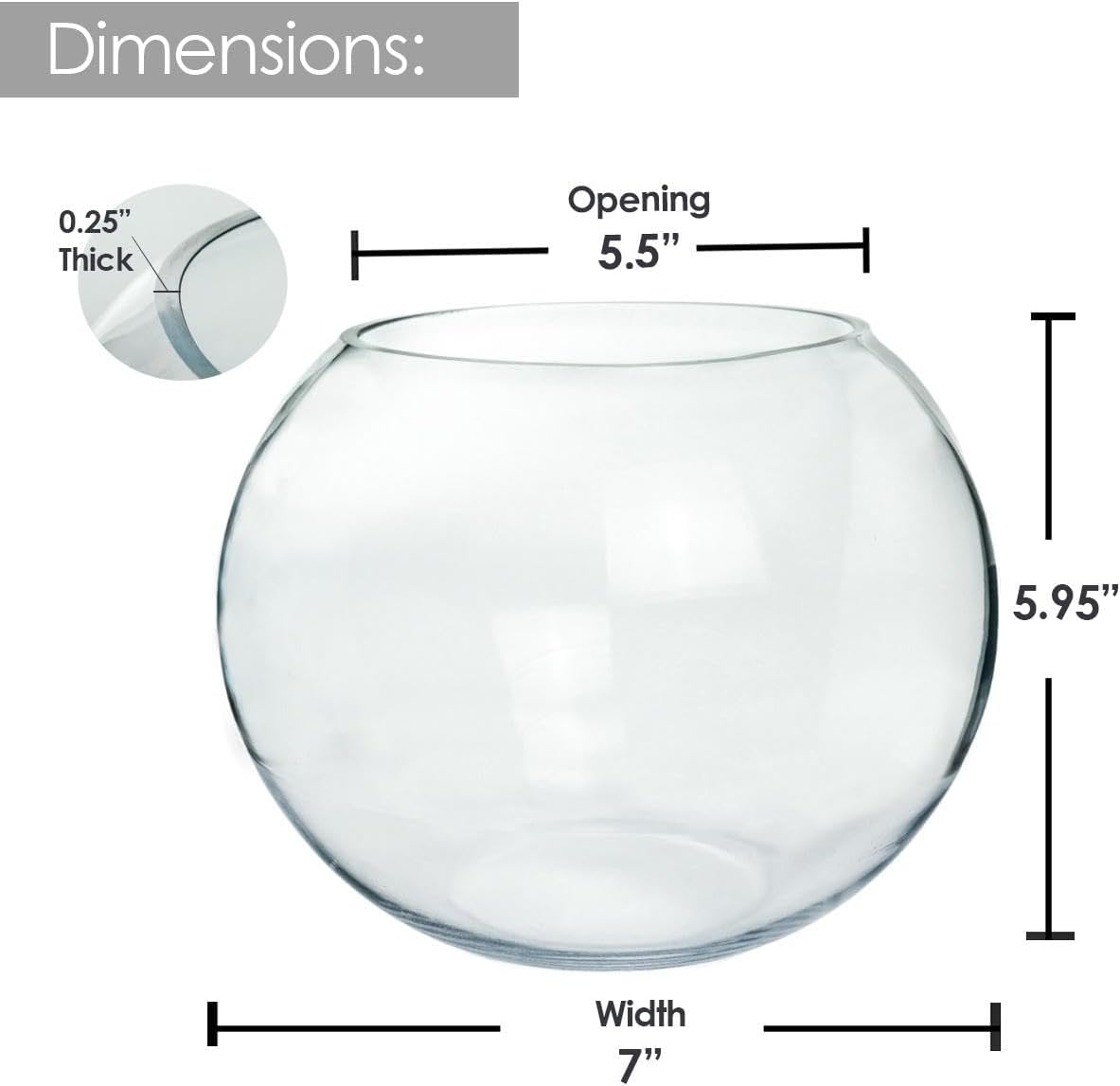 Slant Cut Bowl Glass, Glass Fish Bowl Vase, 6" Height x 7" Width Fruit Jar, Candy Dish, Clear Terraium, Flower Centerpiece