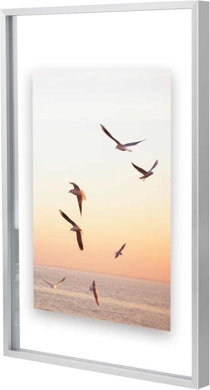 Frametory, Floating Picture Frame 12x16 - Black Aluminum Metal Photo Frame - Real Glass of Front - for Wall Mount Display
