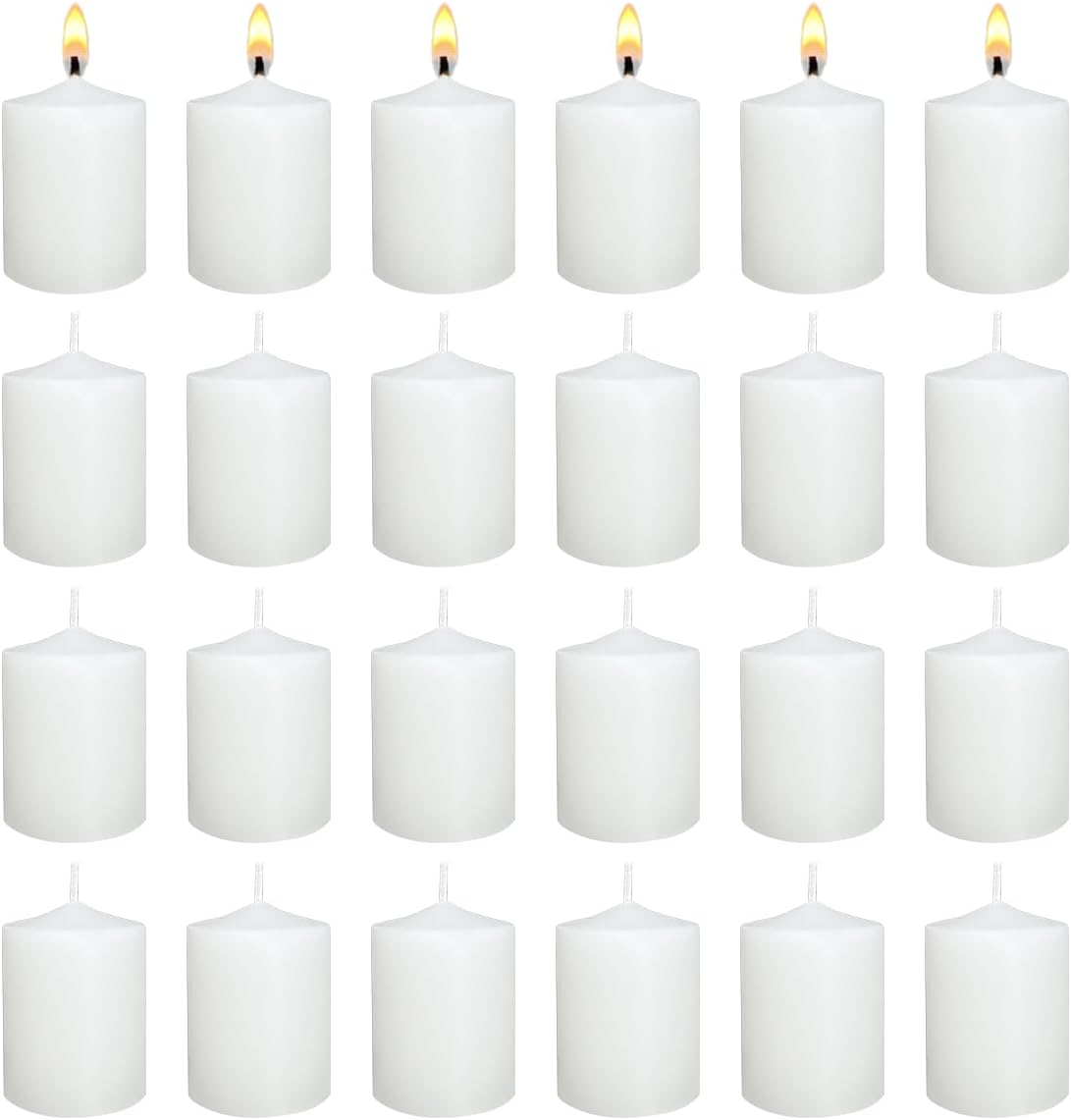 White Votive Candles Long Burn Time Unscented Candles Votives Bulk Pack of 24 Small Pillar Candles