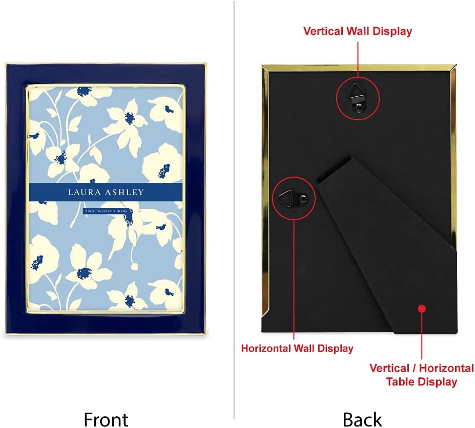 Laura Ashley 5x7 Navy Enamel Picture Frame, Gold Metal Edge with Easel, for Countertop, Counterspace, Tabletop Display, Bookshelf, Desk, Wall Décor, Photo Gallery (5x7, Navy W/Gold)