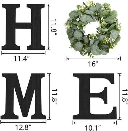 Pinkpum Wood Home Sign with Artificial Eucalyptus Wreath for O, Hanging Farmhouse Wall House Decor Wood Letters for Wall Art Rustic Home Decor, Wall Decor for Living Room Kitchen Entryway (Black)