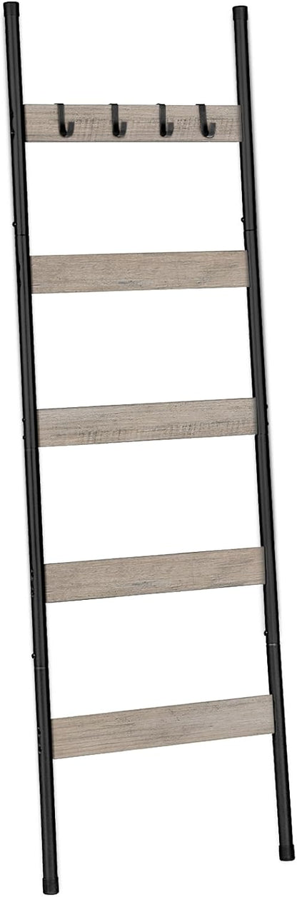 HOOBRO Blanket Ladder, 5-Tier Towel Rack with Hooks, Wall-Leaning Blanket Rack, Decorative Display Ladder Shelf, for Scarves, Industrial, Living Room, Bedroom, Rustic Brown and Black BF52CJ01