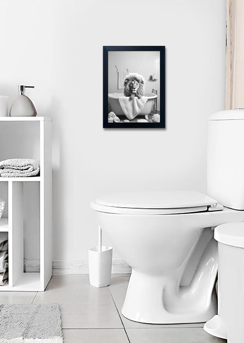 Bathroom Picture Wall Decor, Framed Black and White Bathroom Wall Art, Toilet Paper in Little Funny Raccoon's Hand Animal Canvas Print Painting