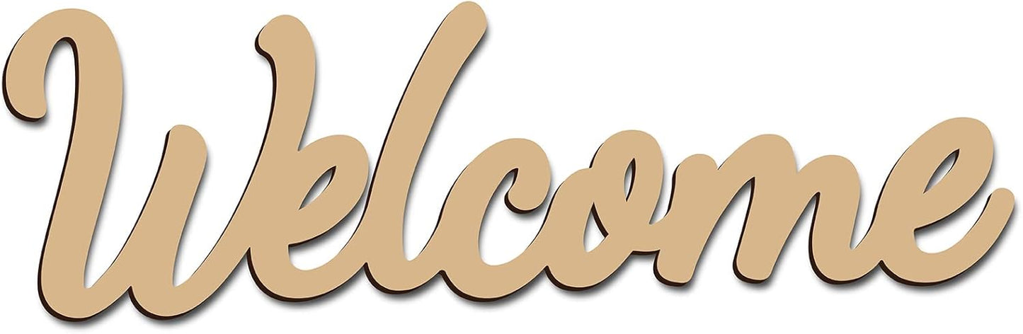 CREATCABIN Welcome Sign Welcome Wood Cutout Wooden Wall Decor Letters Laser Cut Art Unfinished Rustic Decorative DIY for Front Door Home Gallery Porch Coffee Bar Wreath Gift 11.8 x 2.4 Inch