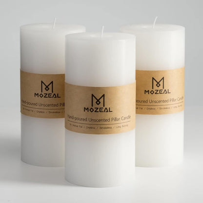MOZEAL 3" x 4" Hand-Poured Unscented Candle,Dripless Pillar Candle Set of 3,Long Clean Burning,Approx 72 Hours Burn Time,Rustic Country Style,Wedding,Dinner,Christmas and Home Decor,White