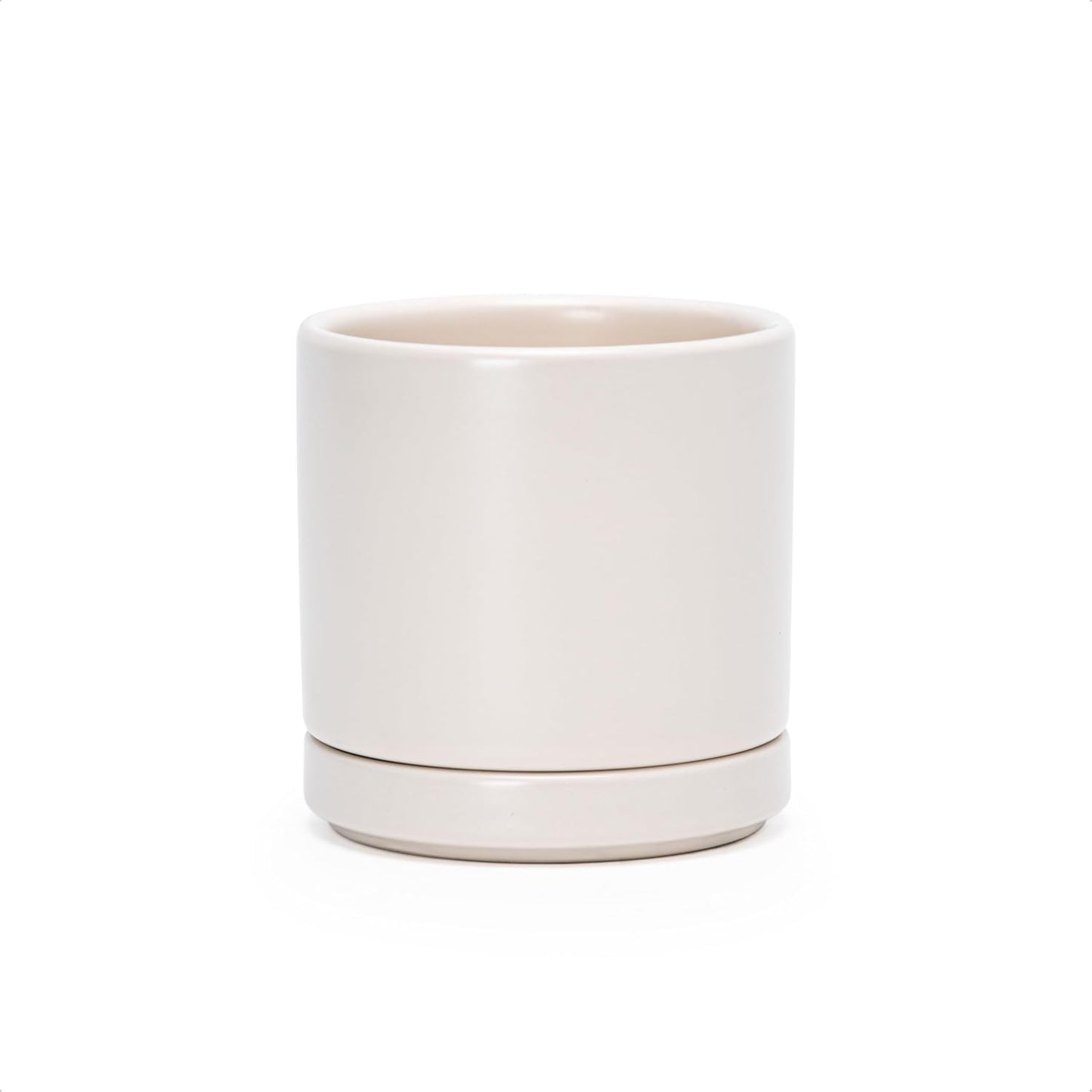 D'vine Dev 6.5 Inch Ceramic Planter Pot with Drainage Hole and Saucer, Indoor Cylinder Round Planter Pot, Olive, 94-O-C-J