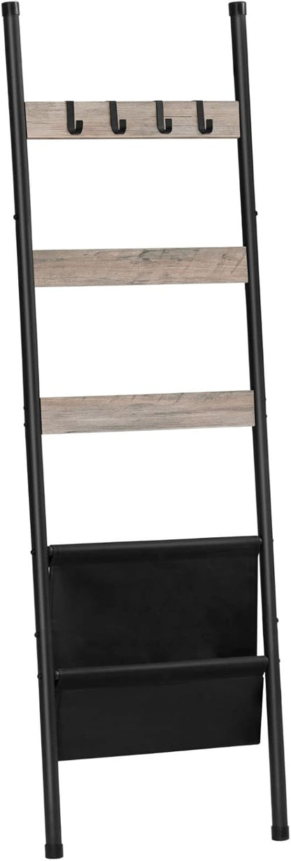 HOOBRO Blanket Ladder, 5 Tier Towel Rack, 17.3" L x 63" H, Wall-Leaning Blanket Rack for Living Room, Decorative Ladder with 4 Hooks and Magazine Pocket, Rustic Brown BF32CJ01
