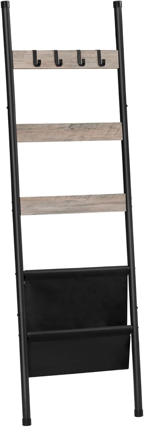 HOOBRO Blanket Ladder, 5 Tier Towel Rack, 17.3" L x 63" H, Wall-Leaning Blanket Rack for Living Room, Decorative Ladder with 4 Hooks and Magazine Pocket, Rustic Brown BF32CJ01