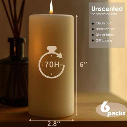 Unscented Ivory Pillar Candles Set of 6-2.8x4 inch - Dripless and Smokeless Large Pillar Candles, 50-Hours Long Burning Time Paraffin Candle for Dinner Table, Christmas and Home Decor