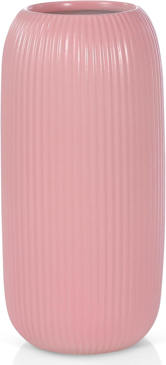 Ceramic Vase for Flowers – Modern Small Ribbed Textured Flower Vase for Home Decor, Pampas Grass, Decorative, Farmhouse, Coffee Table, Kitchen Centerpieces, Bookshelf and Home Living (White)