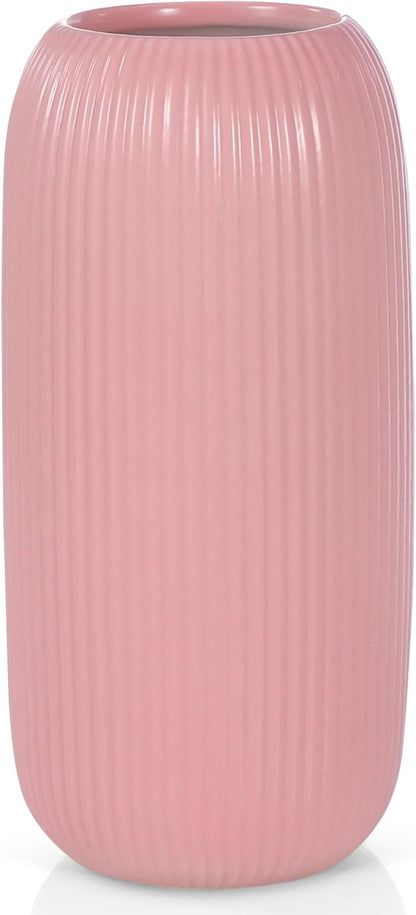 Ceramic Vase for Flowers – Modern Small Ribbed Textured Flower Vase for Home Decor, Pampas Grass, Decorative, Farmhouse, Coffee Table, Kitchen Centerpieces, Bookshelf and Home Living (White)
