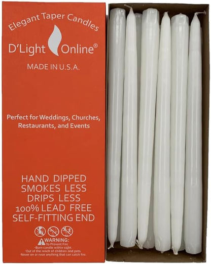 D'light Online White Taper Candles, 10 Inch Premium Quality Candles Hand-Dipped Tapered Candles, Dripless, Smokeless and Unwrapped Bulk Pack for Events - Set of 12 (10 Inch, White)