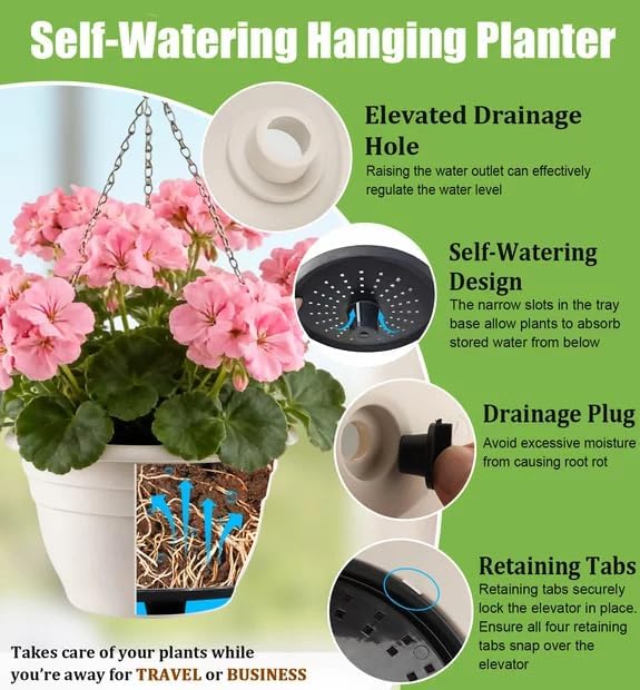 RooTrimmer Hanging Planters for Indoor Outdoor Plants 8 and 10 Inch, 4 Packs Hanging Flower Pot with Drainage Holes, Self-Watering Hanging Basket Perfect for Home, Office and Garden, White