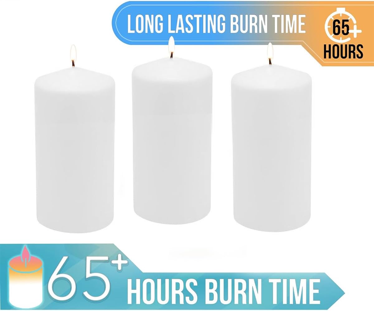 Stonebriar Unscented White Tall Pillar Candles, 65 Hour Burning Candle Pillars, Perfect for Decor, Weddings, Emergencies 3" X 6", 6 count