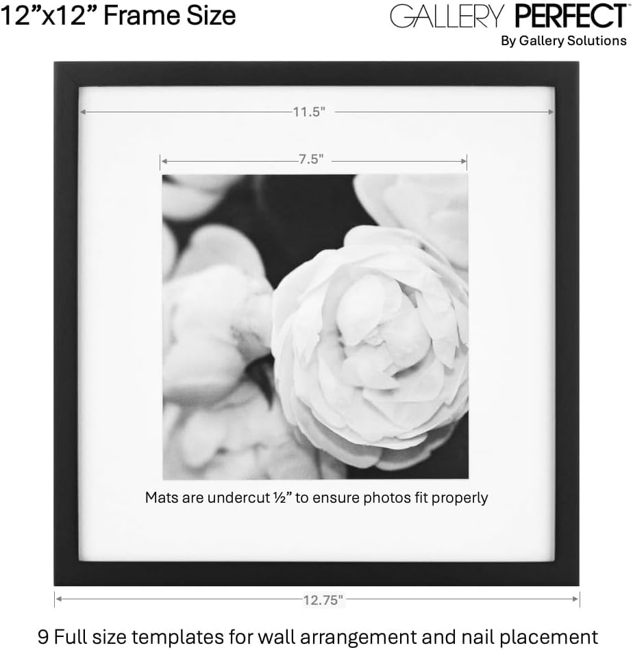 Gallery Perfect 12x12 Picture Frames, 9 Piece Set with Real Glass Cover for 8x8 Photos With Mat, Picture Frames Collage Wall Decor for Gallery Wall, Home Decor, Black