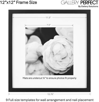 Gallery Perfect 12x12 Picture Frames, 9 Piece Set with Real Glass Cover for 8x8 Photos With Mat, Picture Frames Collage Wall Decor for Gallery Wall, Home Decor, Black
