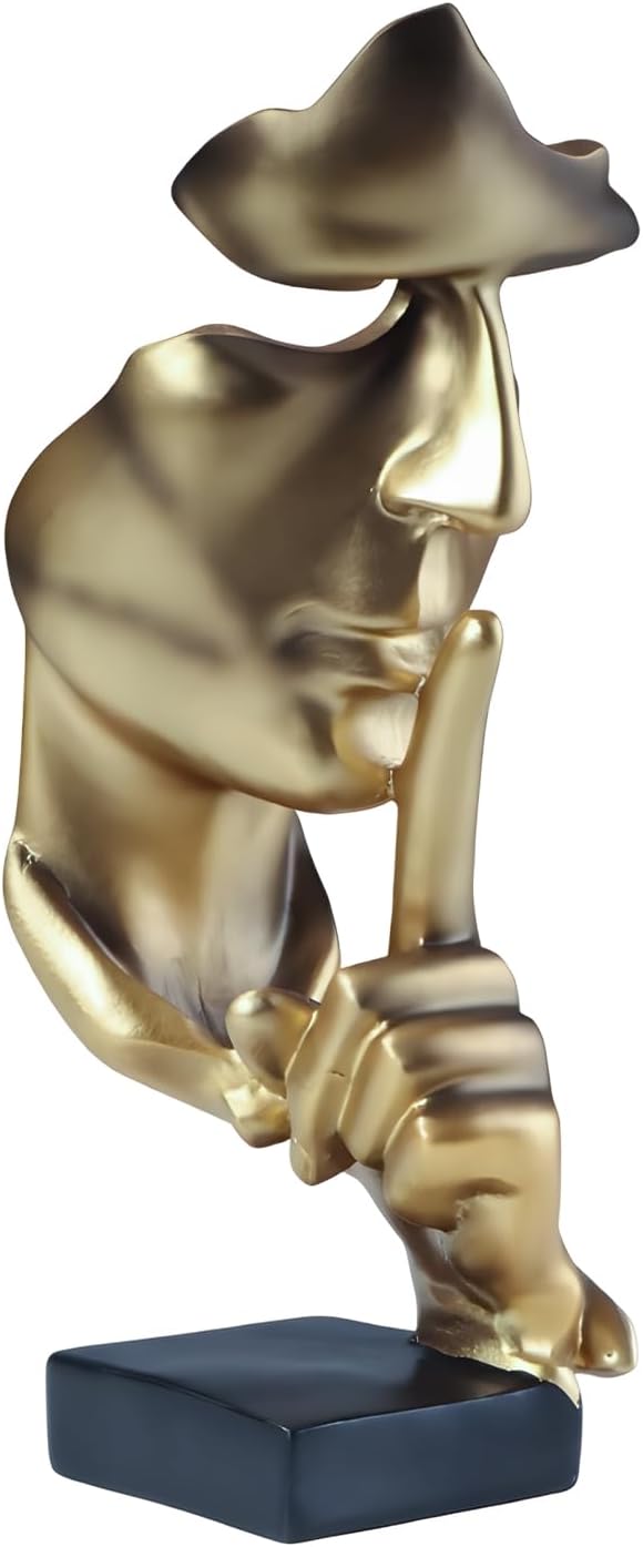 aboxoo Thinker Statue, Silence is Gold Abstract Art Figurine,Modern Home Resin Sculptures Decorative Objects,Table Top Decor for Livingroom Home Decor,Office Study Sculpture,Shh mask Statue(Gold)