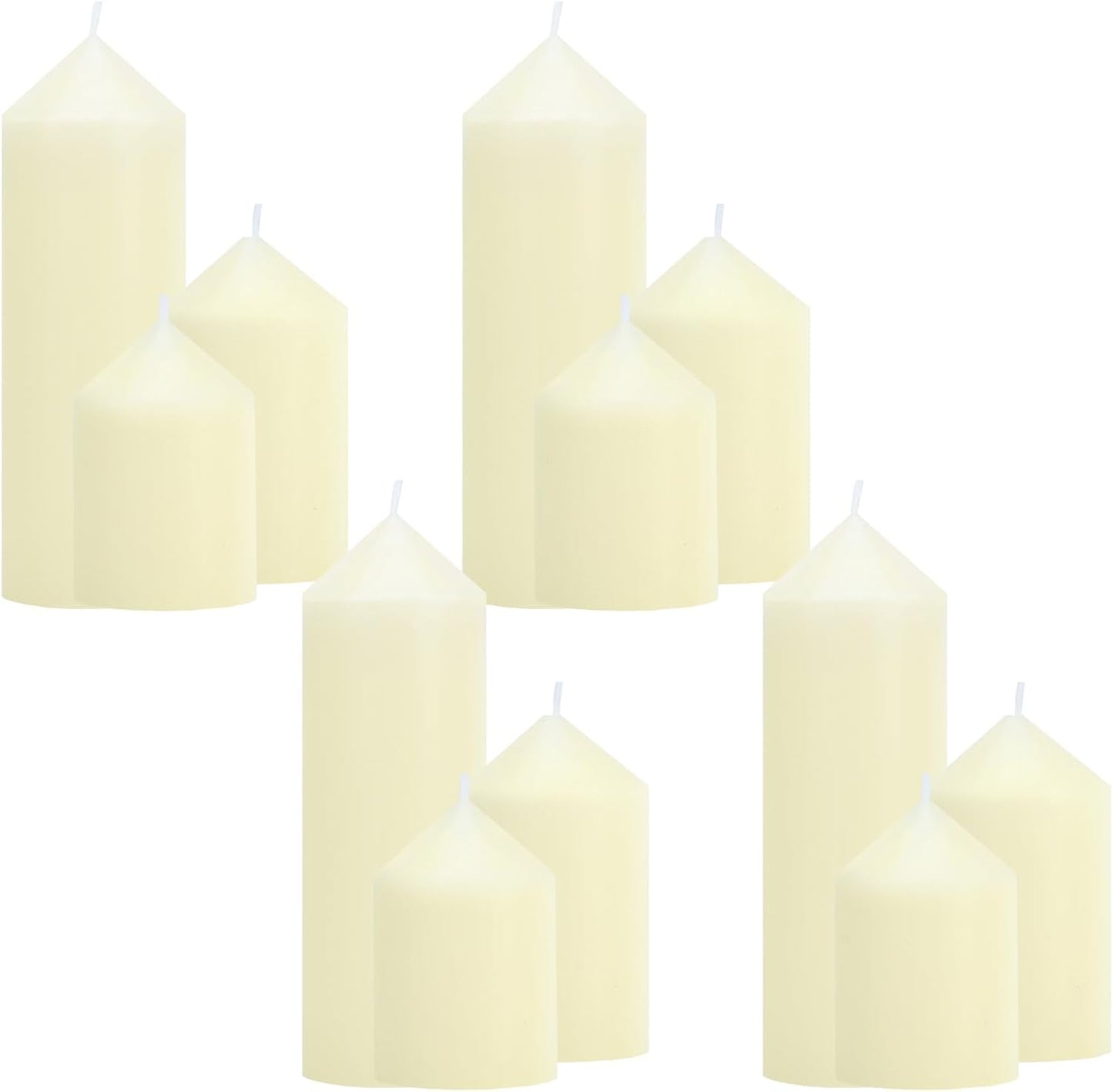 12-Pack Ivory Unscented Pillar Candle Set - 2x3, 2x6, 2x8-inch Long-Burning Drip-Free Tapers, 4 Per Size. Ideal for Home Decor, Weddings, Emergencies, and Holidays.