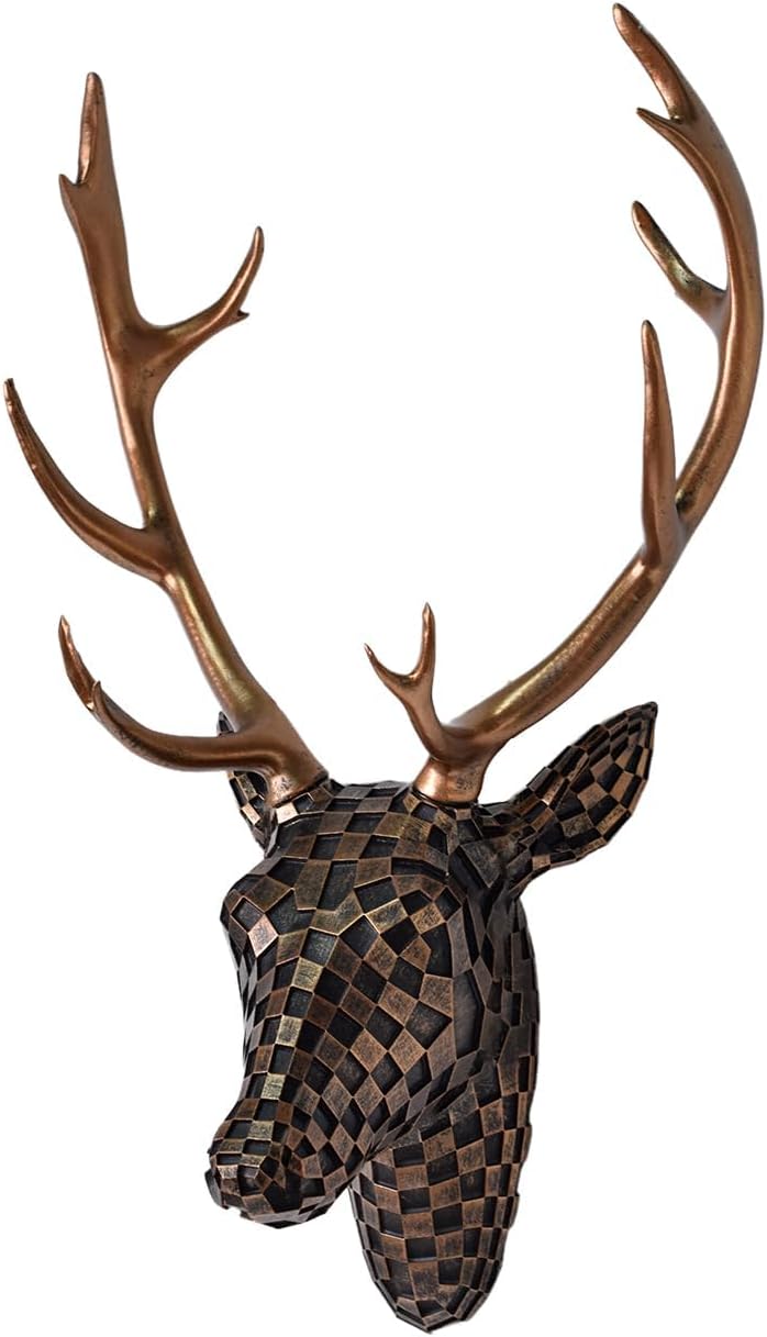 GIGICICI Mosaic Deer Head Wall Decor 15.7x8.7 Inch, Artistic Faux Resin Animal Head Wall Sculpture Hanging for Living Room Bedroom Kitchen Office, Black-White Gift