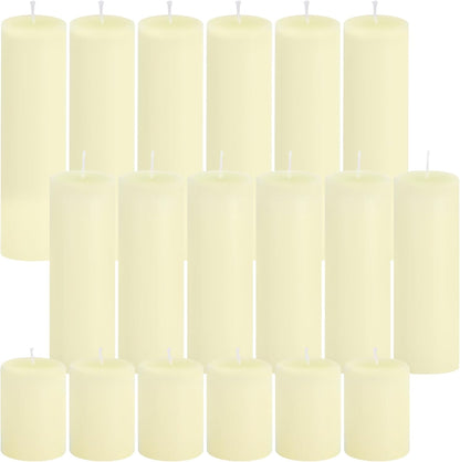18 Pcs Ivory Pillar Candles Bulk Set，3 Different Lengths 2 x 3/4/6 Inch (6 Each)，Hurricane Candles，Dripless Unscented Smokeless，Gives You a Better Atmosphere When Organizing an Event Party.