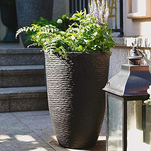 Worth 9 Gallon Tall Round Planters Set of 2-14" Dia x 21" H Stone Finish Flower Pots Indoor Decorative Container Garden Patio Unbreakable Beige